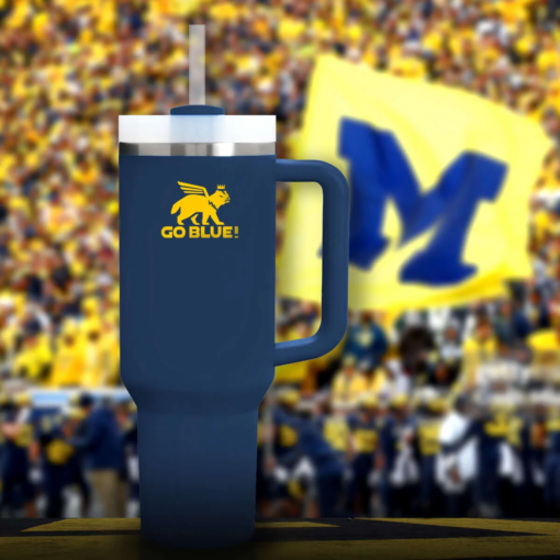 Michigan college tumbler featuring wolverine fans in a stadium setting, showcasing school pride