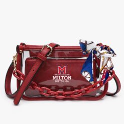 Milton Eagles Clear Stadium Crossbody Purse with Gold Chain & Hermès Style Twilly – Vegan Red Leather Trim, Lock Closure, Game Day Chic