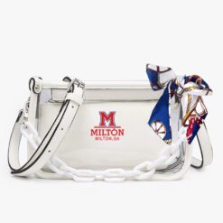 Milton Eagles Clear Stadium Crossbody Purse with Gold Chain & Hermès Style Twilly – Vegan White Leather Trim, Lock Closure, Game Day Chic