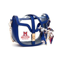 Milton Eagles Blue rectangular clear crossbody with dual handles, vegan leather trim, and adjustable strap. Stadium-approved and perfect for stylish game days!
