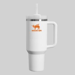 40 oz White Tumbler with Burnt Orange Longhorn Design | Custom Insulated Mug with Handle | Texas Game Day Cup | College Football Fan Gift