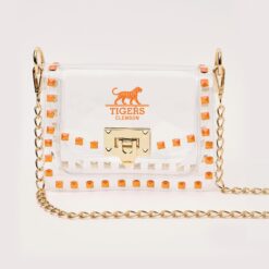 Clear Stadium Bag with Orange Studs with Gold Chain | Gameday Crossbody Purse | Stadium Approved Clear Purse for Football & Concerts