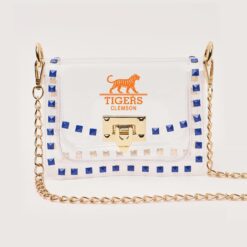 Clear Stadium Bag with Blue Studs with Gold Chain | Tigers Gameday Crossbody Purse | Stadium Approved Clear Purse for Football & Concerts